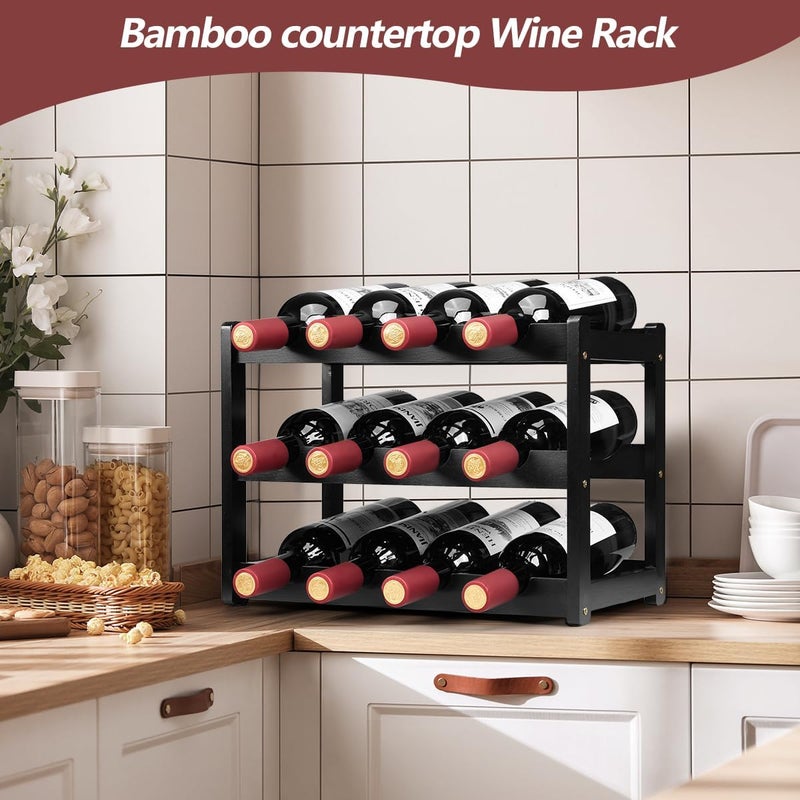 Homevany Bamboo Wine Rack, Sturdy and Durable Wine Storage Cabinet Shelf, Wine Racks Countertop for Pantry - 3 Tiers 12 Bottle Wine Rack, Black - Image 4